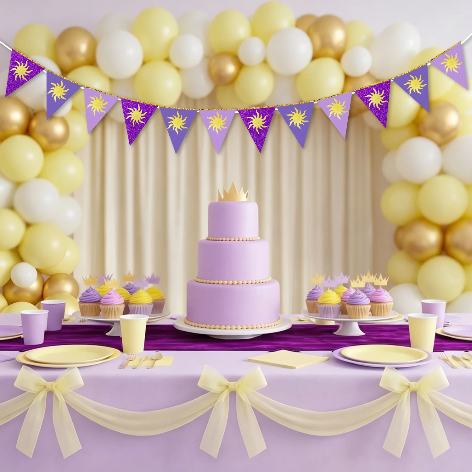 Lila Sonnen-Wimpelkette mit Goldsonnen, Hängende Papier-Dreiecksfahnen für Geburtstag, Brautparty, Hochzeit und Bache-Dekorationen – Detail 4