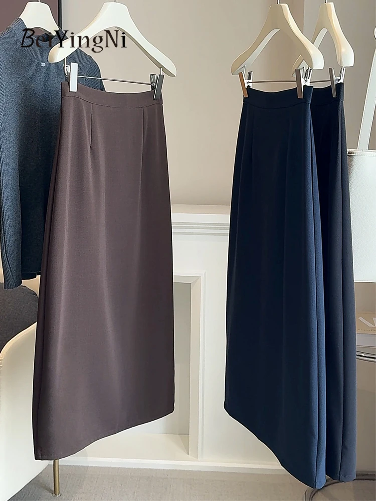 

Beiyingni 2025 Autumn Women Midi Skirt Elegant Office Ladies Slim Zipper A-line Suit Skirts Black Split Pack Hip Formal Skirt