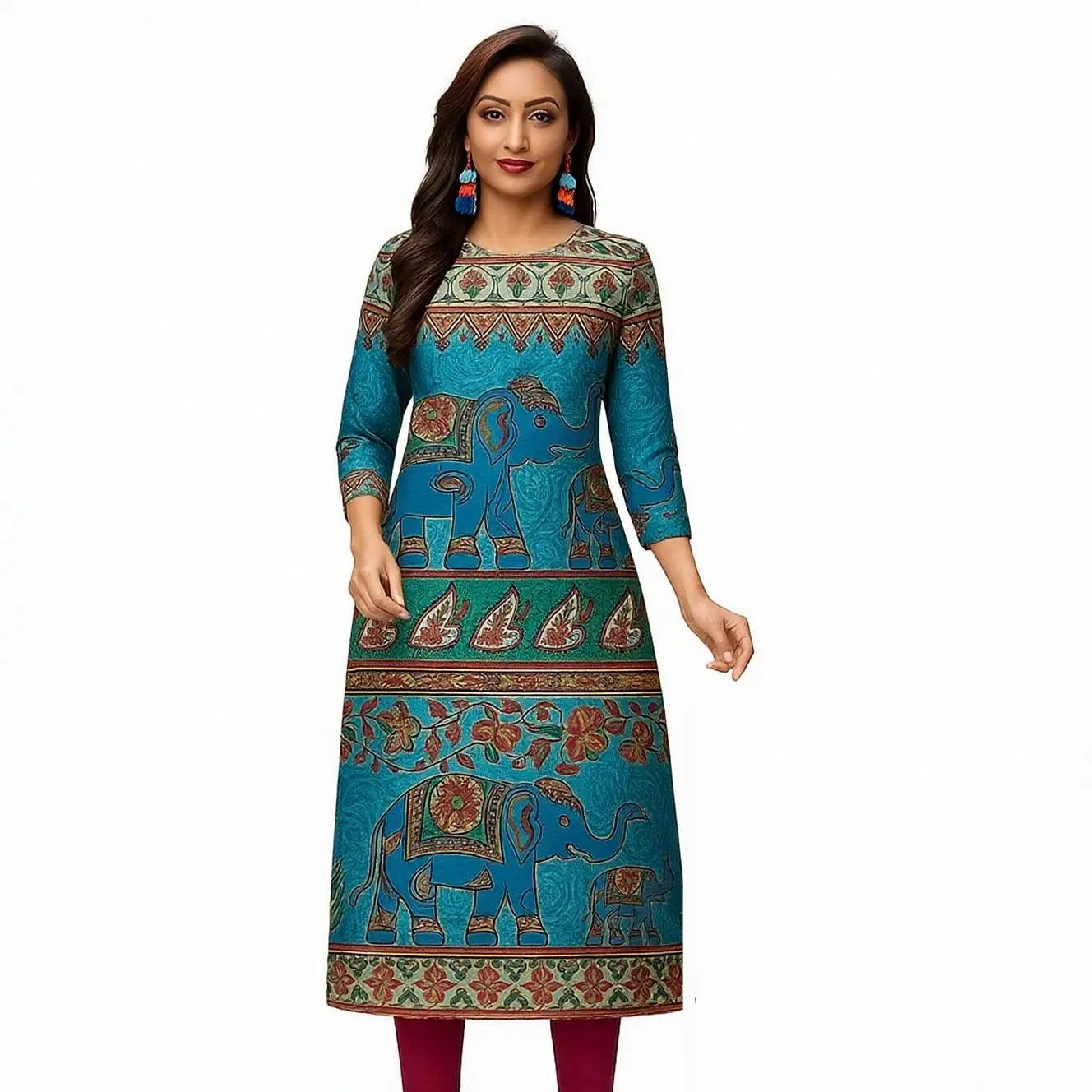 เดรสลำลองแฟชั่นผู้หญิง แขนยาว ทรงตรง สไตล์ชาติพันธุ์ คอกลม ไซส์ปกติ สินค้าใหม่ 2026