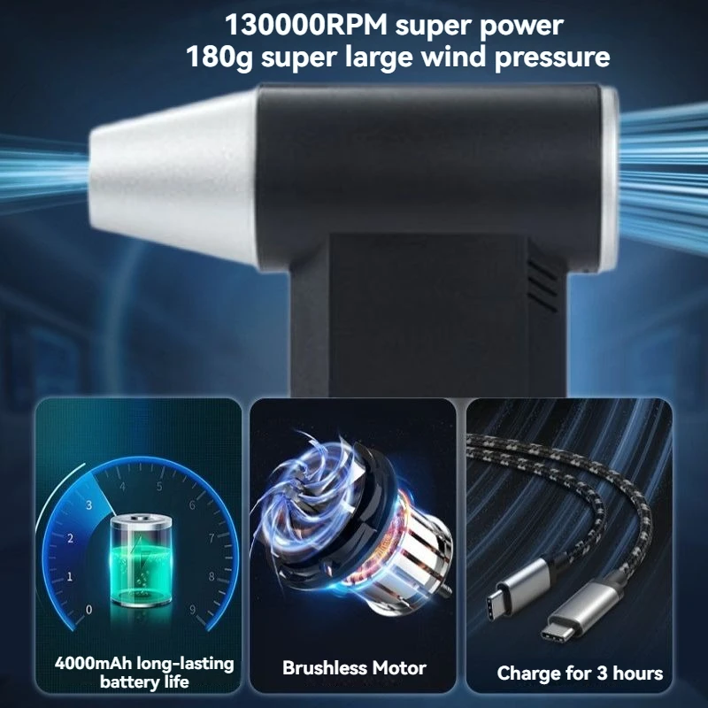

130K RPM Cordless Blower: 4-Speed Brushless Motor, Long Battery & Fast Charge, for Computer/Car/Home Deep Cleaning, Turbo Storm