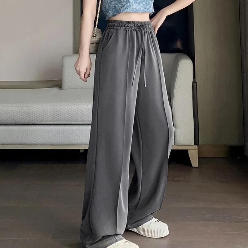 

New Summer Simple Loosen Women's Pants Casual Gray Color High Waisted Wide Leg Pants Slimming Straight Trousers Women 30810