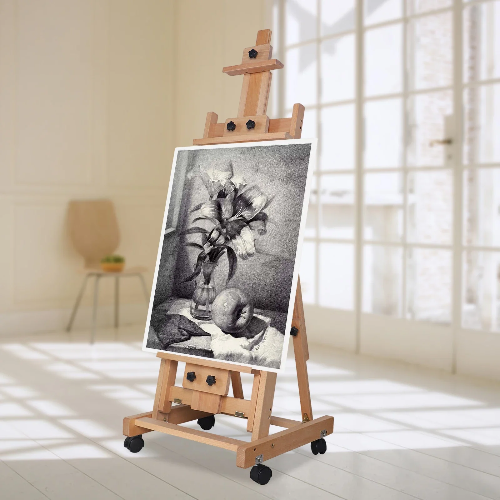 Adjustable Height Beech Studio Easel H-Frame, Wood Painting Easel for Oil, Painting Floor Easel Sketching Board with Wheels