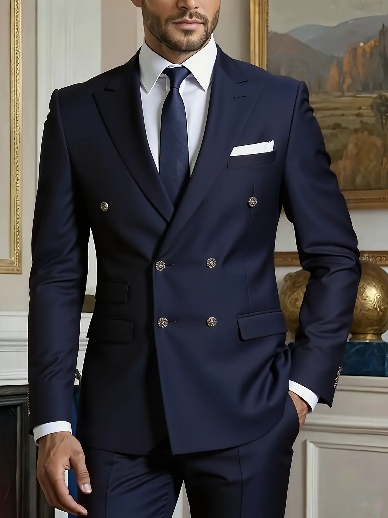 

Men's Stylish 2-Piece Suit Set Double Breasted Peak Lapel Jacket Trousers Elegant Office Party Wedding