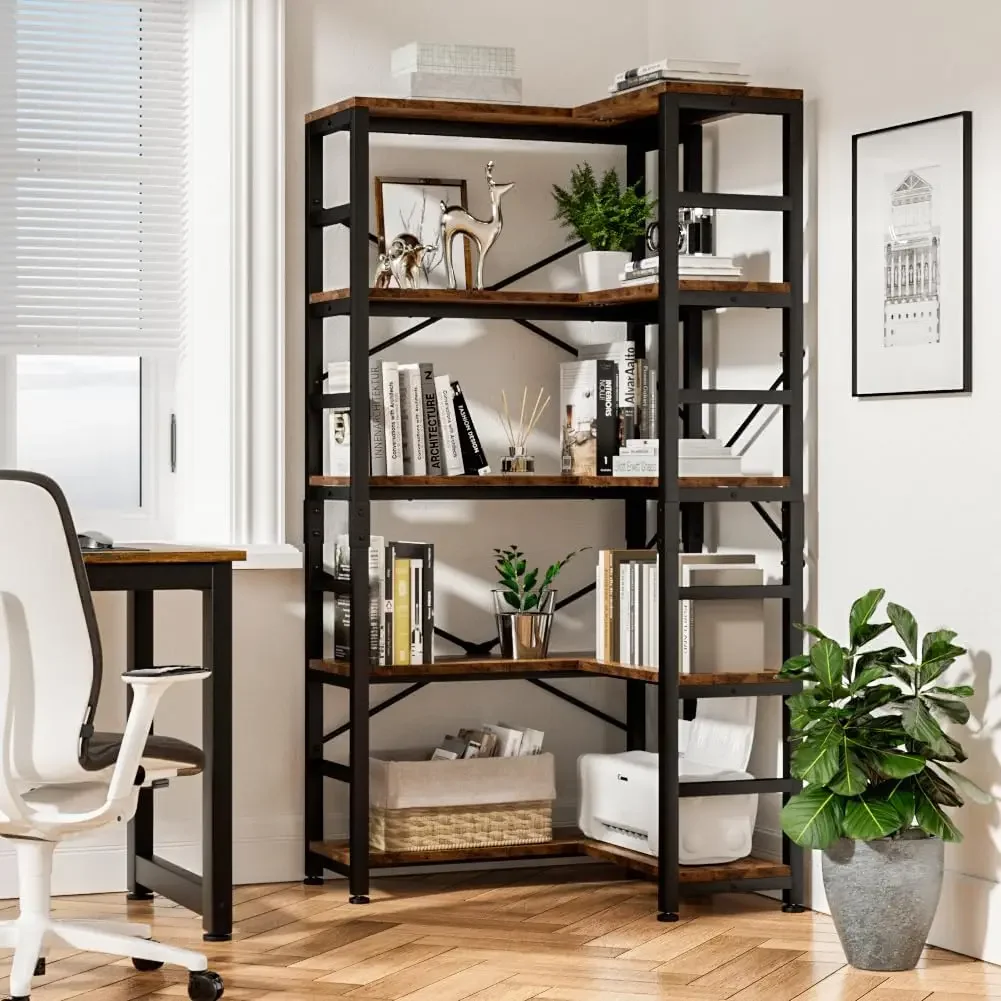 5 Tier Corner Bookshelf, Modern Corner Bookcase, Large Open Shelf Bookcase, Tall Bookshelves Storage Display Rack for Bed