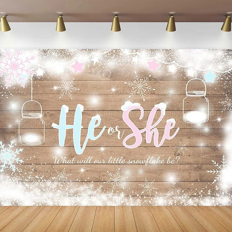 

Winter Snowflake Gender Reveal Photography Backdrop Baby Shower Rustic Wood Party Decorations He Or She Blue Or Pink Background