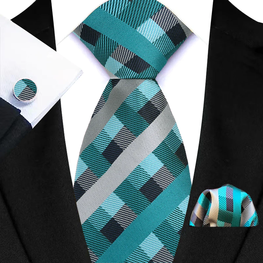 Mens 8CM Necktie Teal Green Lack Blue Stripes Plaid Floral Tie For Men Hanky Cufflinks Tie Set Daily Wear Wedding Business Party