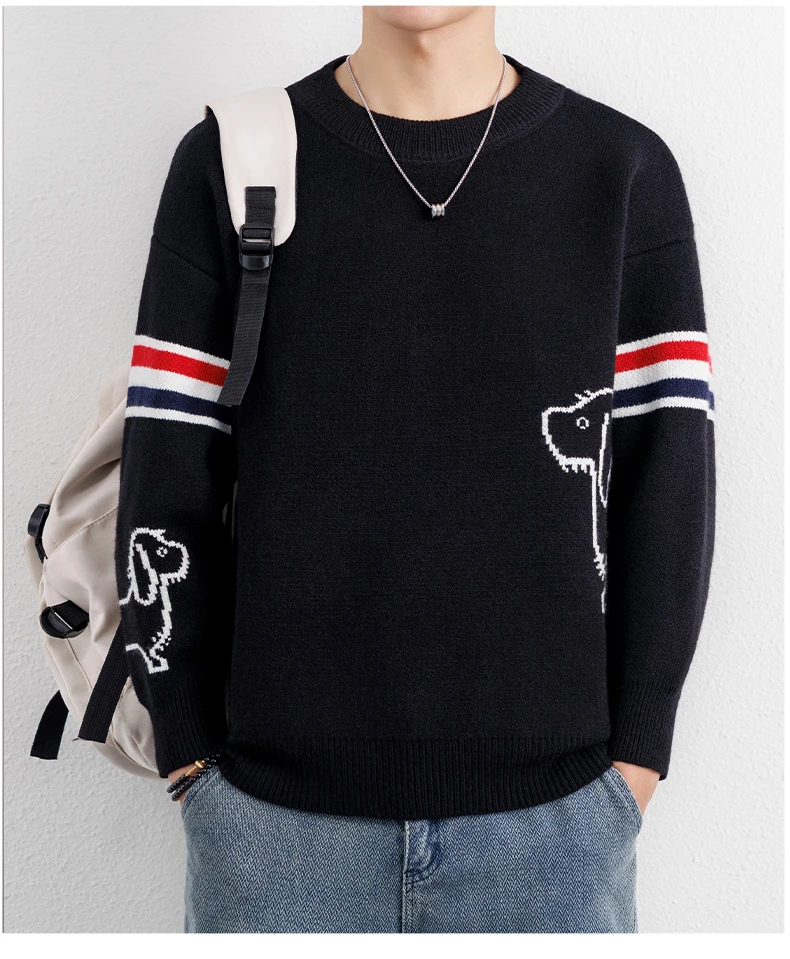 High-End-Marke Pullover Herren Herbst Winter Neue süße Welpen Druck Mode gestreifte Knopf Design Freizeit Komfort Warm Rundhalsstrik Sweater – Detail 15
