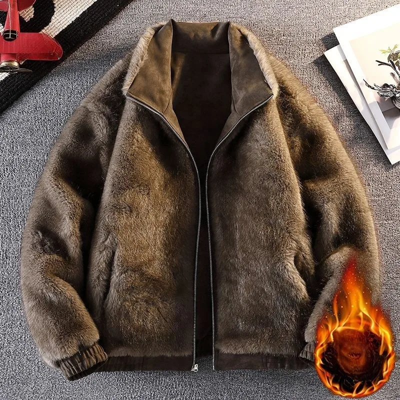 

Men's Korean-style Motorcycle Suit Coat Plus-size Versatile Winter Clothin Fleece Thickened Faux Fur One-piece Leather Jacket