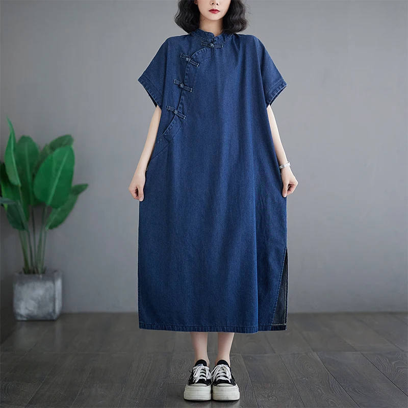 

Ethnic Sle New Chinese Slanted Collar Button Dr Artistic Retro Button Denim Dr Robe Long A-Line Cotton Polyester Summ...