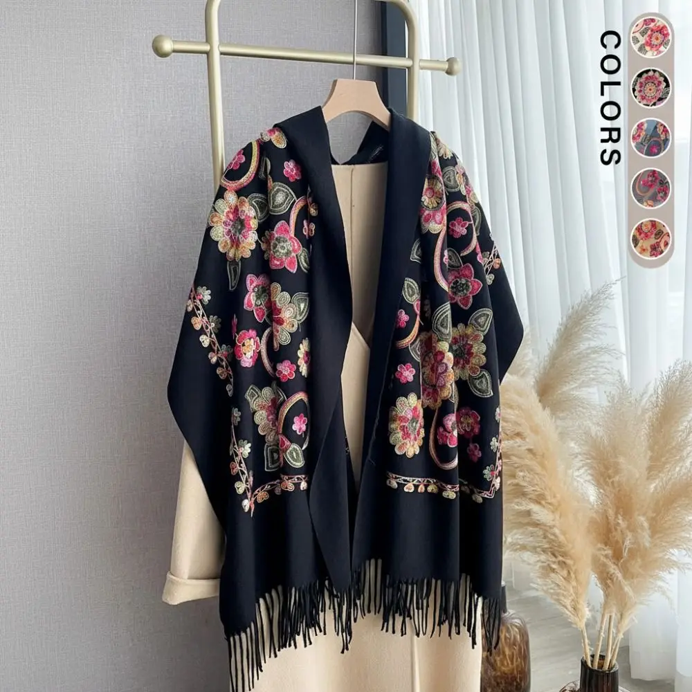 

Cashmere Feel Women Scarf Embroider Flower Ethnic Style Cashmere Scarf Warm Texture Breathable Floral Embroidered Shawl