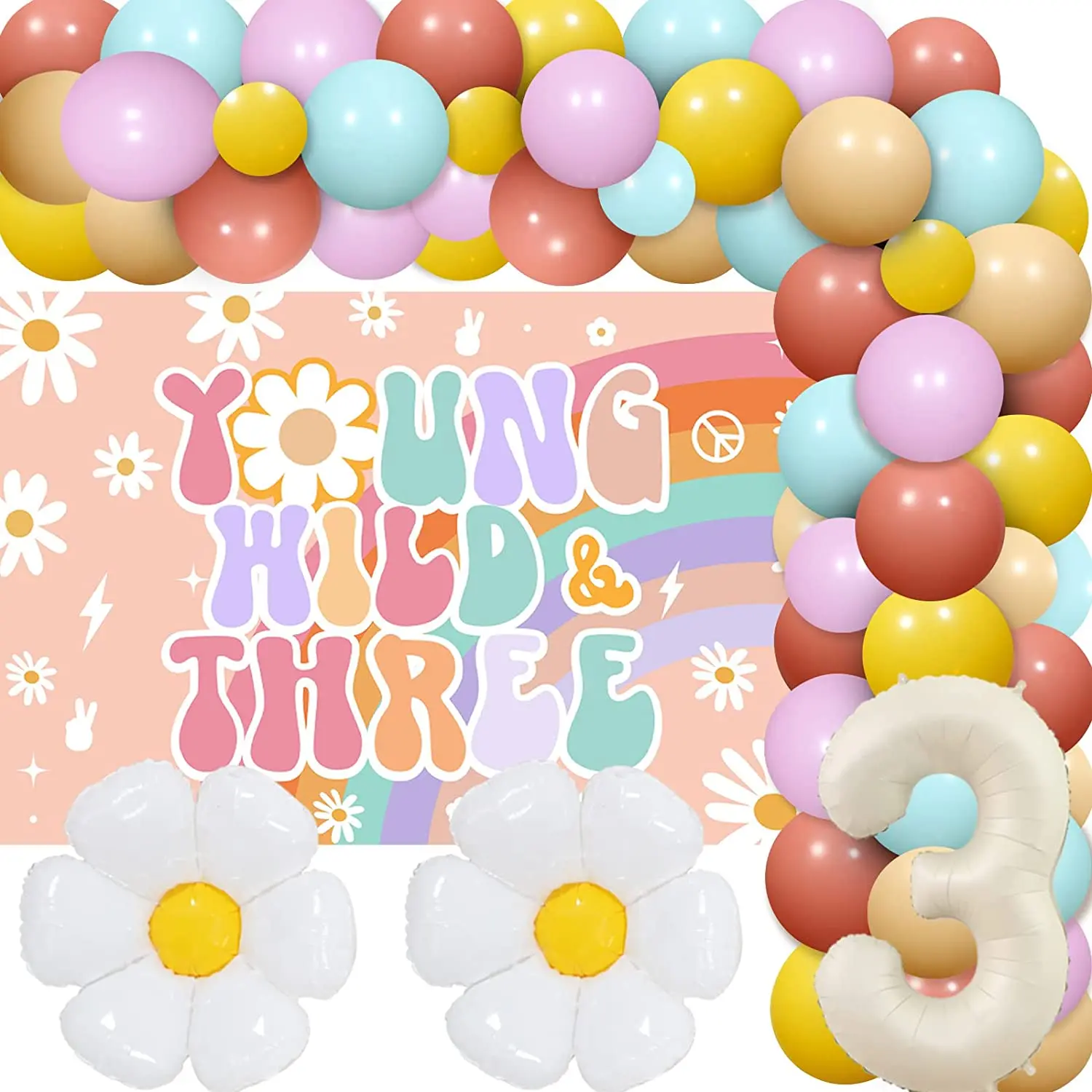 

Groovy 3rd Boho Pastel Balloon Garland Arch Kit, Young Wild and Three Girl Birthday Backdrop, Retro Hippie, Boho