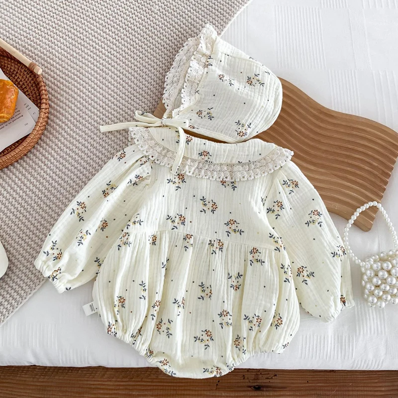 2Pcs Muslin Baby Jumpsuit Hat Floral Lace Toddler Outfit Set Baby Girl Clothes Infant Romper for Girls Onesie Newborn Clothing