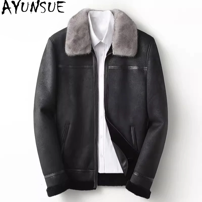 

AYUNSUE Short Sheep Shearing Jacket for Men Winter Casual 100% Wool Coats Man Mink Fur Collar Men's Fur Coat Casaco Masculino