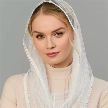 蕾絲曼蒂拉麵紗 西班牙風格穆斯林頭巾披肩 女士白色教堂面紗 天主教教堂婚禮面紗 10 最佳銷售 天主教面紗 - №10