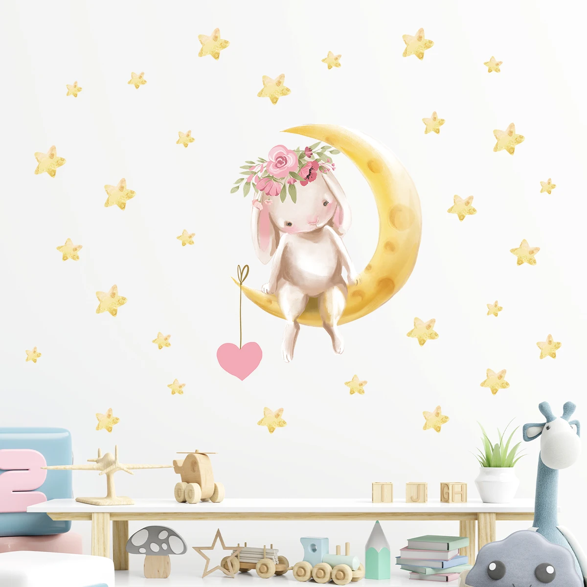 1Pc Cartoon Animal Star Moon Cat Rabbit Bear Wall Stickers for Kids Bedroom Children Room Decoration Living Room Decor for House