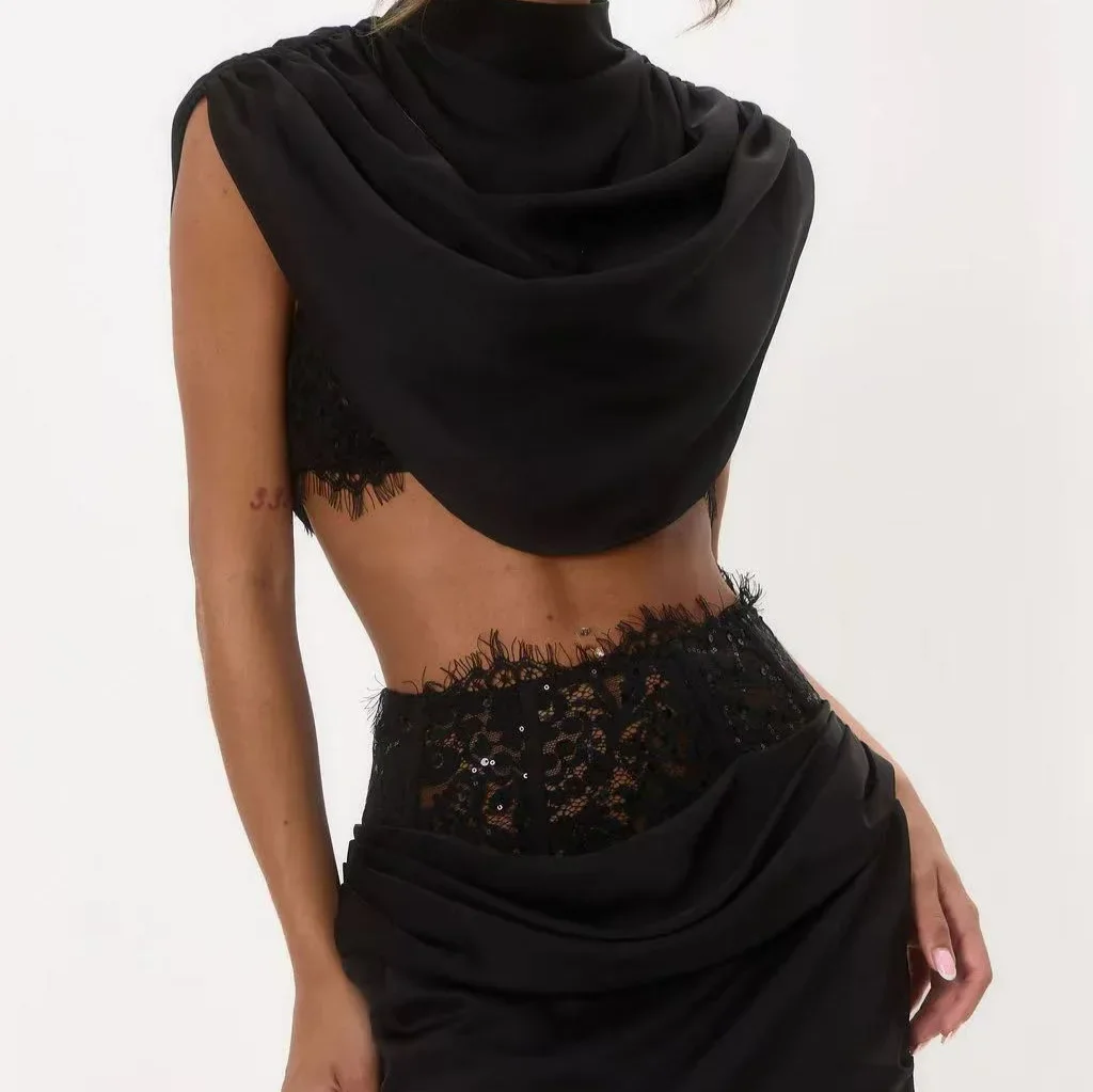 Women's 2 Piece Set Sleeveless Drape Satin Crop Top High Waist Lace Waist Ruched Bodycon Skirt Fashion Party Club Outfit