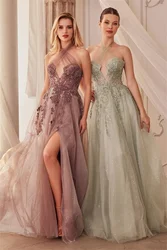 Crisscross Halter Neck Sparkly Tulle Prom Dresses With Split Sheer Corset Lace Appliques Evening Gowns A-line Formal Ball Party