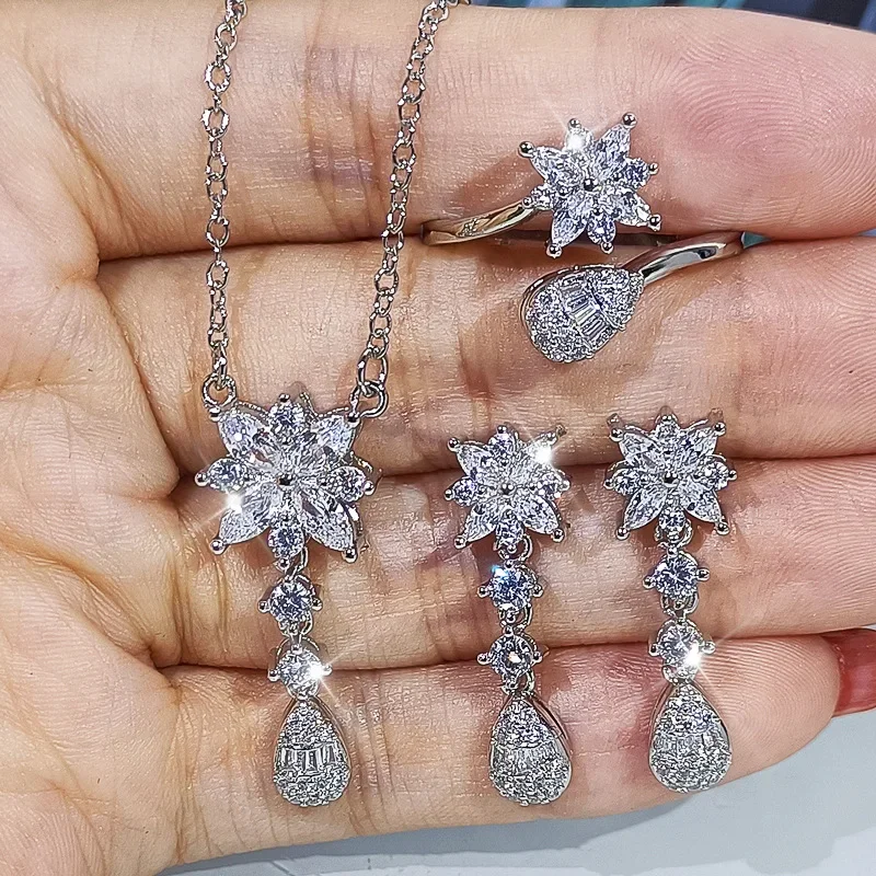 2024 New High End Fashion Snowflake Water Drop Ring Earrings 3-Piece Jewelry Set Women\'s Party Birthday Wedding Gift Wholesale