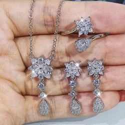 2024 New High End Fashion Snowflake Water Drop Ring Earrings 3-Piece Jewelry Set Women's Party Birthday Wedding Gift Wholesale