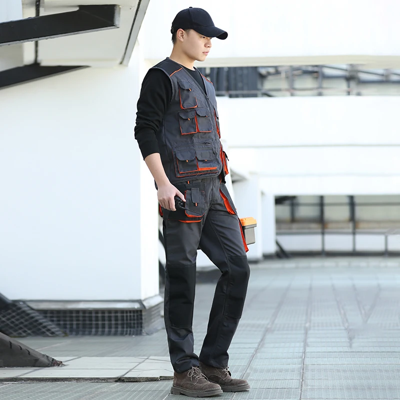 Work Suits Industrial for Men Multi Pockets Work Vest Electrician and Working Pants Cargo Trousers Set Workshop Clothes