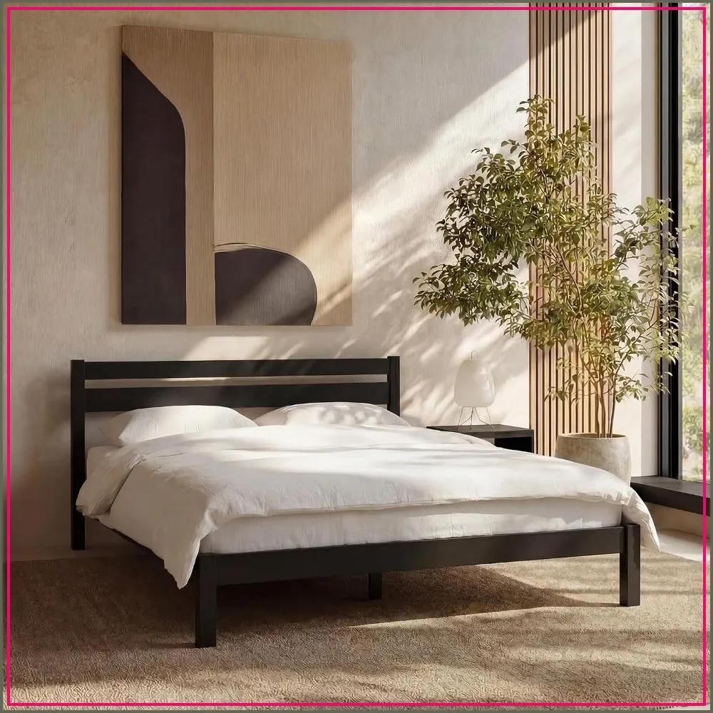 King Bed Frame with Headboard Wood Platform Noise Free Under Bed Storage No Box Spring Needed Black