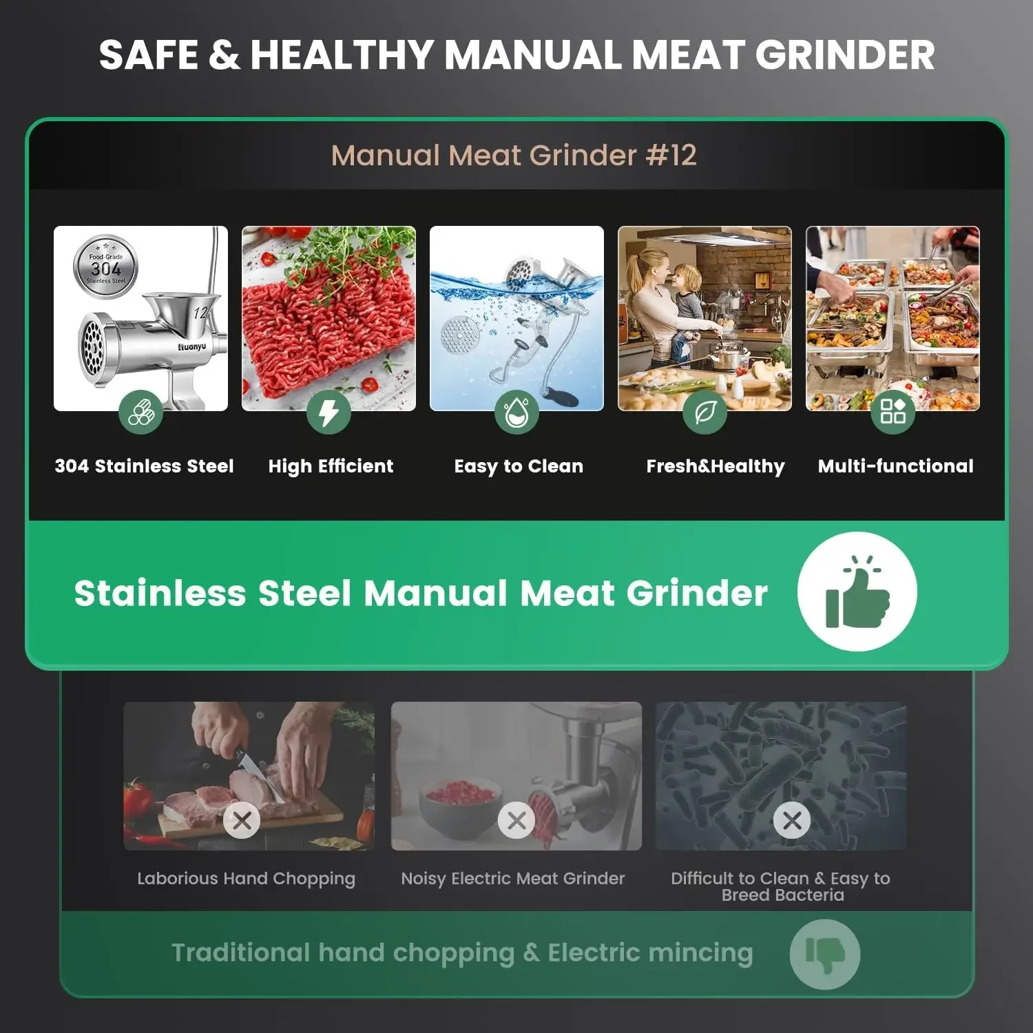 Meat Grinder Manual Stainless Steel Meat Mincer Sausage Stuffer Filler Handheld Meat Ginding Machine Multifunctional Attachments