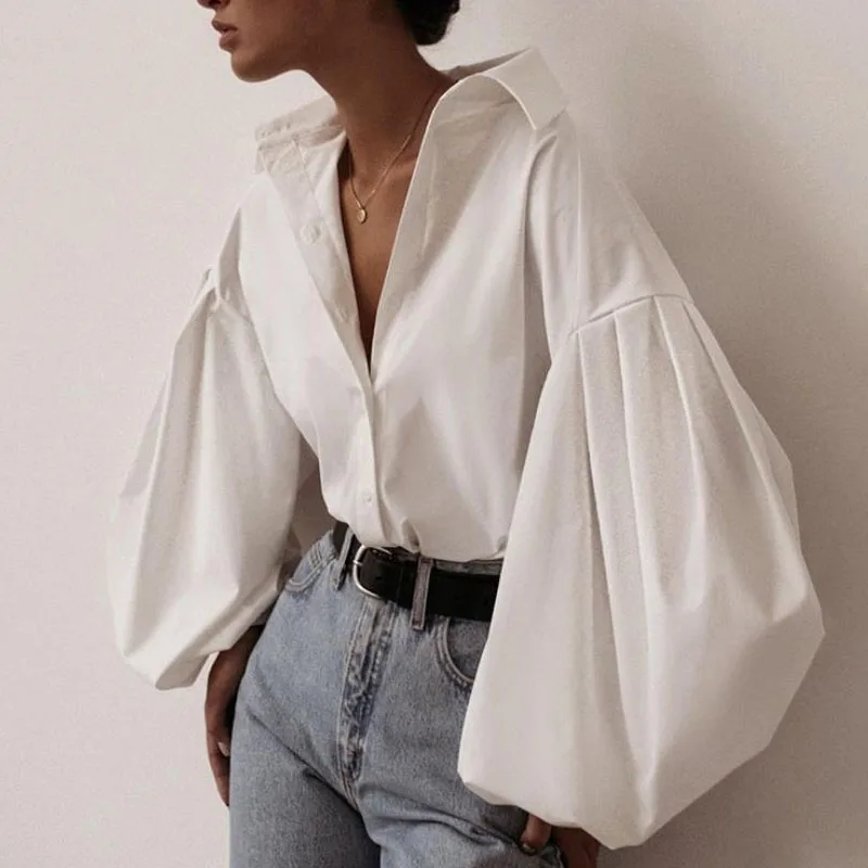 New Fashion Sexy Button White Blouse Women Lantern Sleeve Clothes Elegant Loose Women Shirt Cotton Office Ladies Tops 10903