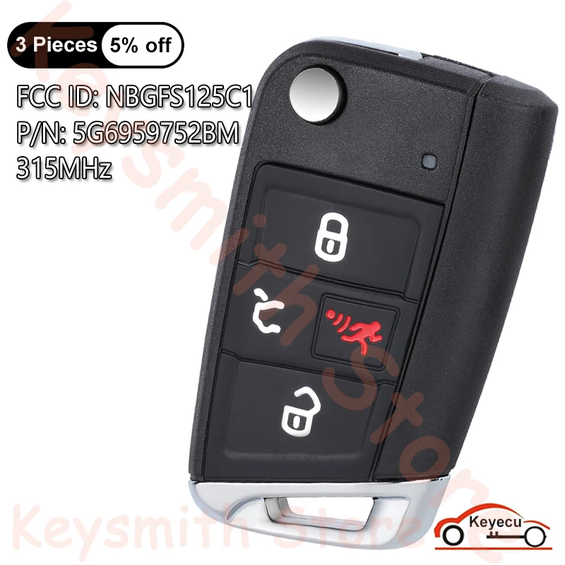 KEYECU 4 przyciski 315MHz Megamos AES Chip do Volkswagen Golf GTI Jetta Tiguan Auto obudowa inteligentnego pilot z kluczykiem samochodowym