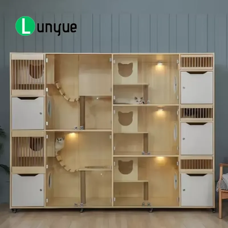 Luxury 3 in 1 DIY Cat Villa Apartment Furniture for Indoor Cats Multi Level Pet House Condo with Scratching Posts and Cozy
