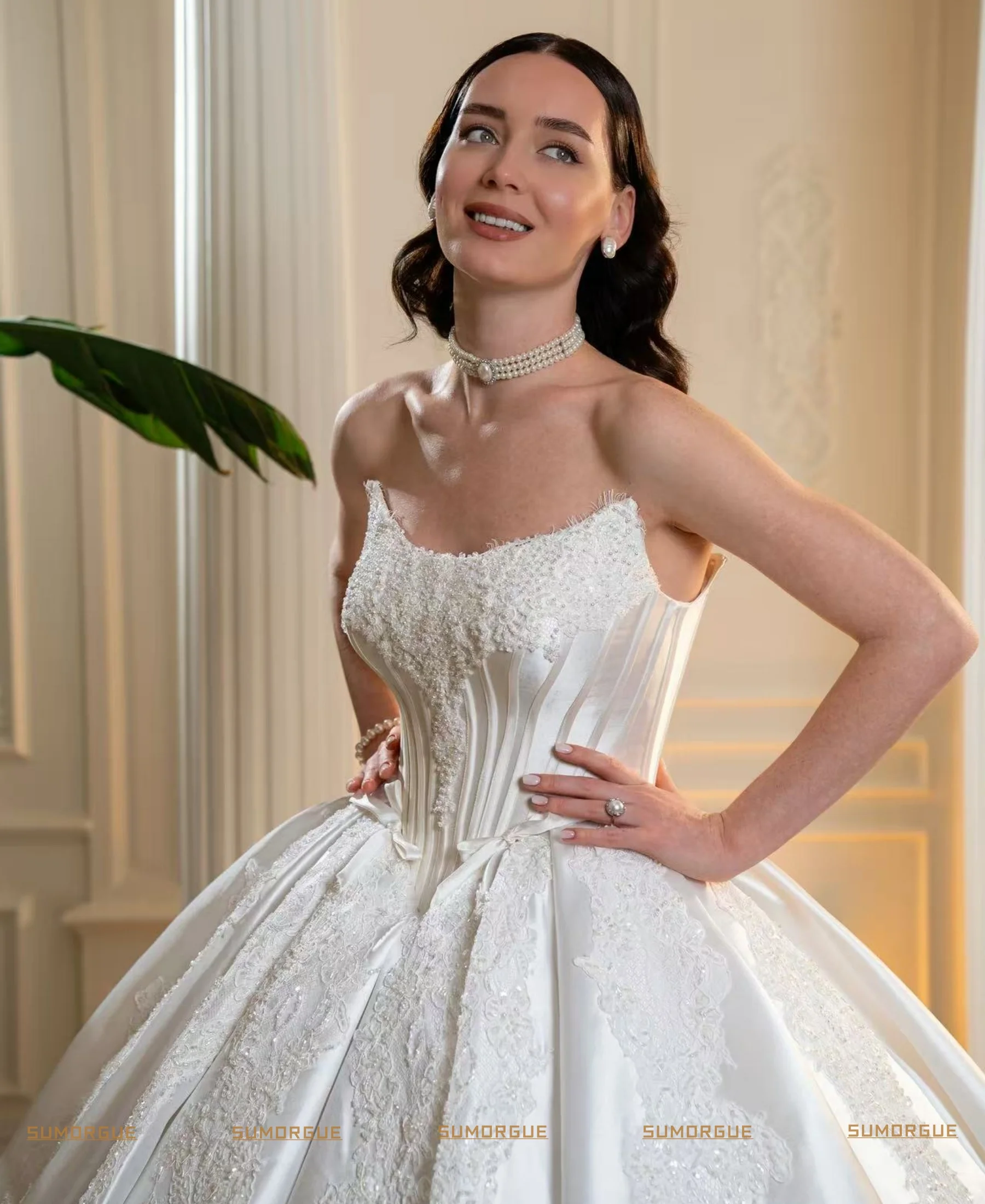 Exquisite New Design Strapless Wedding Dress，Pearl，Corset，Lace Up Back Wedding Party Dress High-end Customized Vestidos De Novia