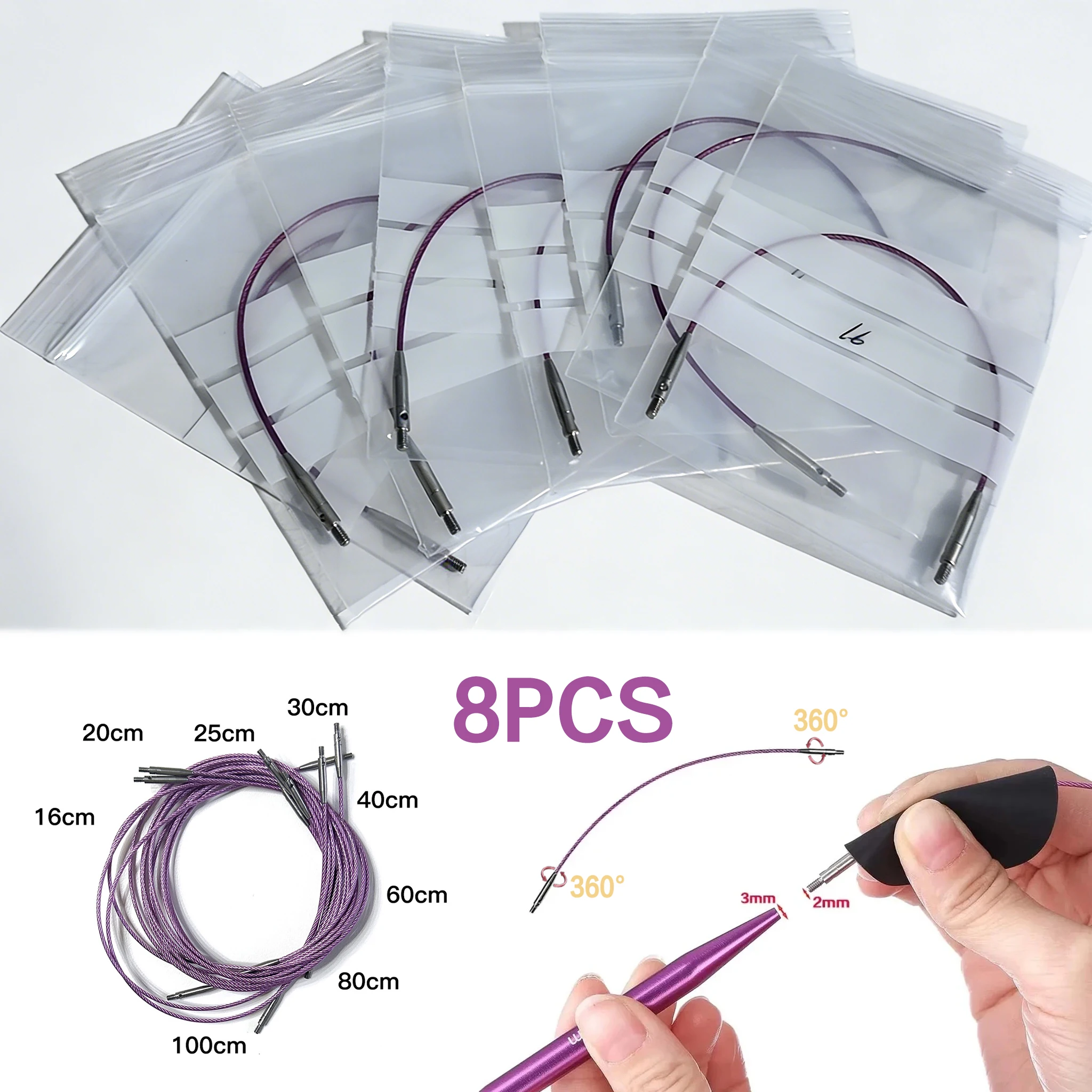 8Pcs/Set Interchangeable Circular Knitting Needle Cable, Swivel 360° Inter Cable 16/20/25/30/40/60/80/100cm for Circular Needle