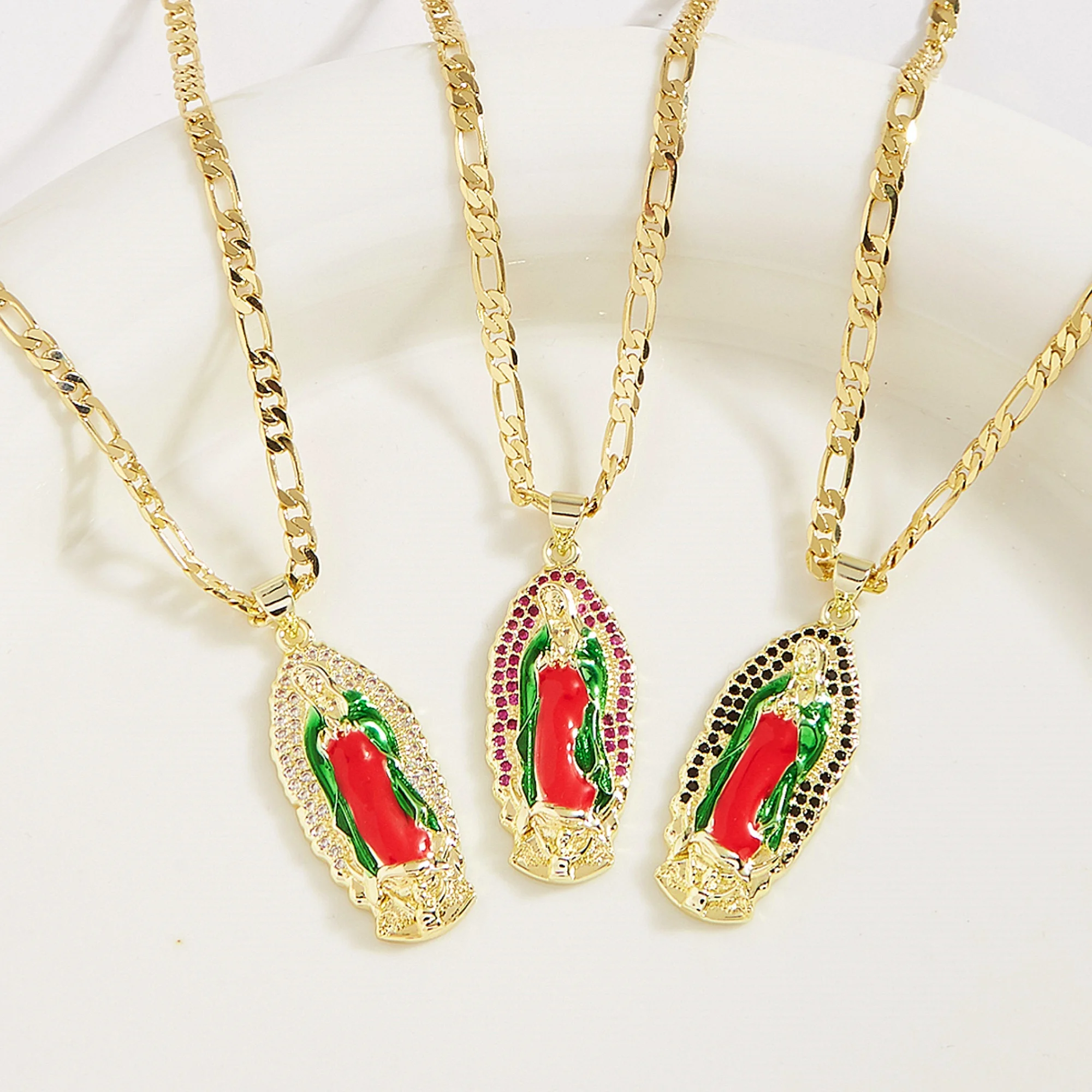 Gold Plated Painting Virgin Mary Mama Pendant Necklace Amulet Religious Virgen de guadalupe Multicolor Zircon Jewelry Gifts