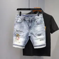 Summer Casual Denim Jeans Shorts Men's Knee Length Embroidered Bear Pattern Luxury Classic Cowboy Short Boyfriend Pants for Men