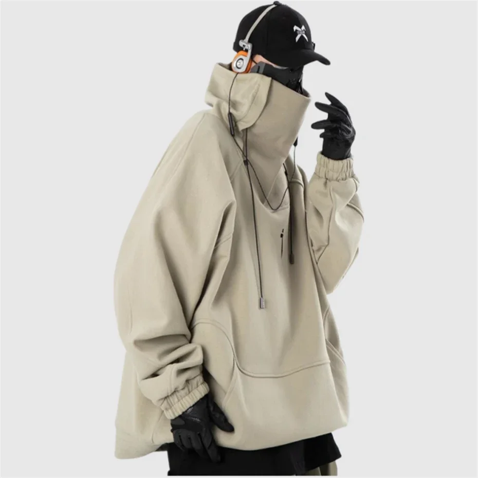 Men Turtleneck Hoodies Sweatshirts Techwear Winter Fleece Pullover Harajuku Function Hip Hop Streetwear Khaki Autumn Sweatshirts