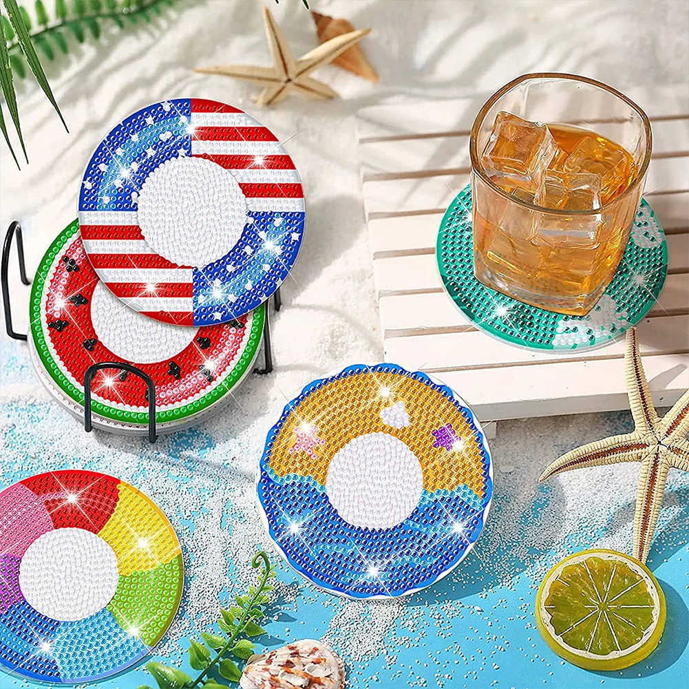 8PCS Diamond Painting DIY Coaster Seaside Lifebuoy Special Shape with Holder Acrylic/Wood for Adults Kids Beginner Gift Supplies