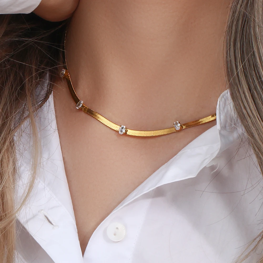 E.B.belle Design Elegant Oval Square Zircon Stone Herringbone Chain Choker Necklace Stainless Steel 18K Gold Plated Jewelry
