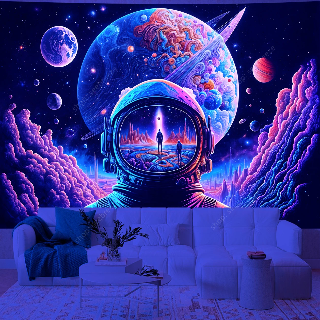 Astronauts Surfing in Space UV Reactive Tapestry Galaxy Space Pilot Wall Hanging Fantasy Outer Space Wall Tapestries Dorm Decor