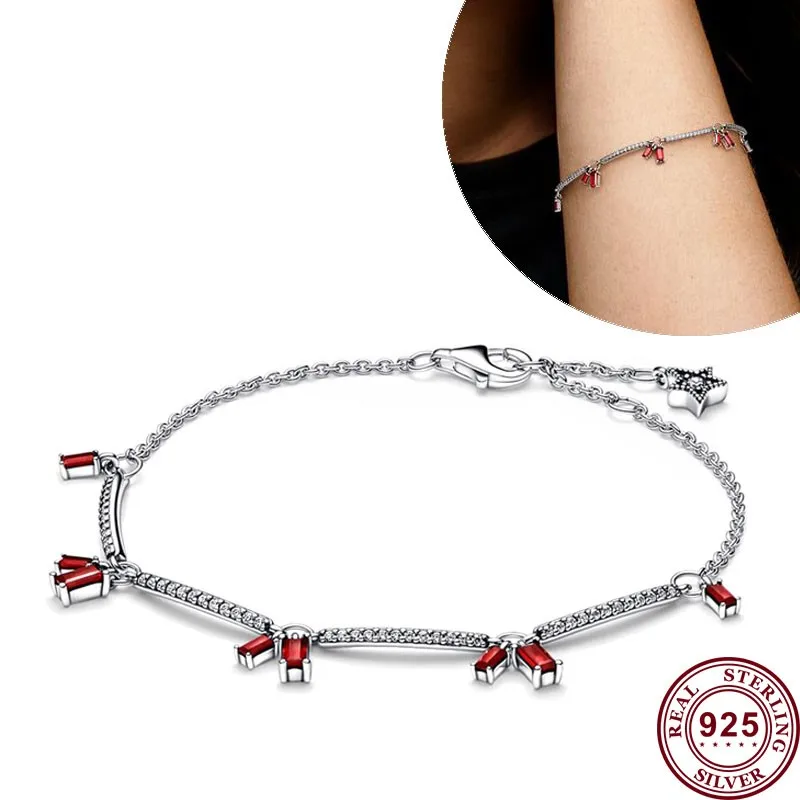 New Hot 925 Silver Sparkling And Red Tennis Original Women's Love Heart Logo Flower Bracelet Wedding DIY Fashion Charm Jewelry