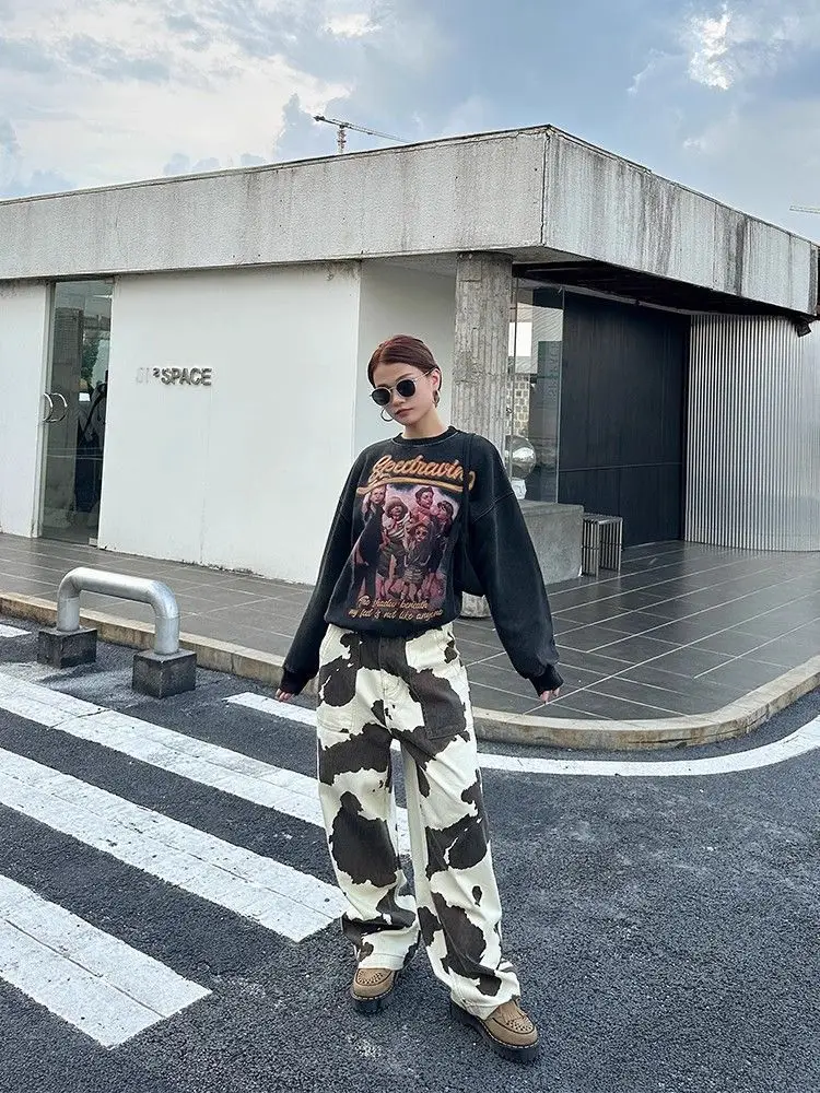 Grande taille Style américain Vintage mode femmes décontracté à la mode ample imprimé jambe large droite ample Denim pantalon femme jean