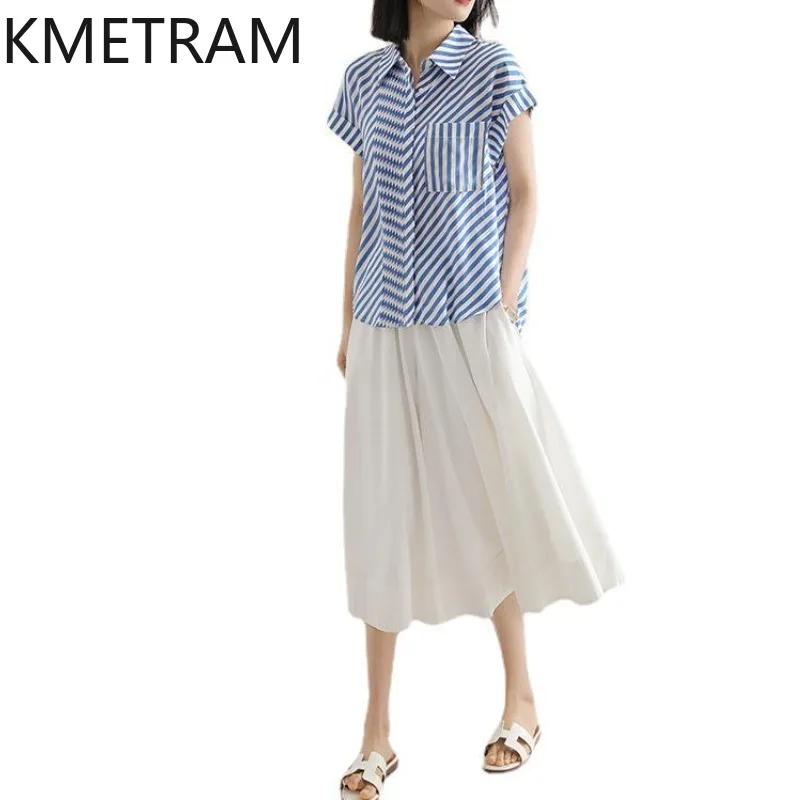 

KMETRAM 100% Real Mulberry Silk Shirt for Woman Striped Summer Ladies Tops Elegant Short Sleeve Blouse Women Clothes 2026 блузка