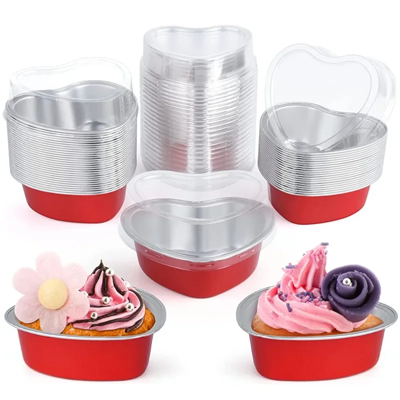 50Pcs 100ml Tin Foil Aluminum Foil Pudding  Cup With Lid Heart-shaped Disposable Mini Mousse Cupcake Containers Baking Mould