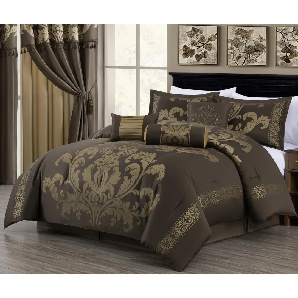 7-Piece Jacquard Floral Comforter Set (Queen Bed Linen Set Purple/Dark Purple) Freight Free Sets Bedding Home Textile Garden