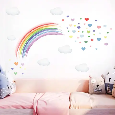 1 पीस वाटरकलर कार्टून इंद्रधनुष मल्टी-कलर हार्ट पैटर्न वॉल स्टिकर बच्चों के कमरे बेडरूम सजावट वॉल डीकैल होम डेकोर के लिए 8 best sales इंद्रधनुष दीवार स्टिकर - №7
