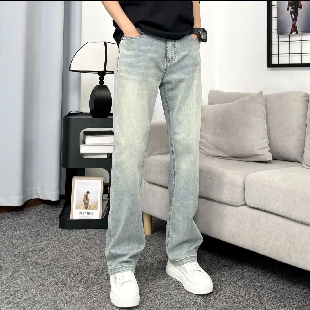 

Summer New Loose Straight High Street Elastic Light Color Jeans Men's Casual Versatile Washed Baggy Men Clothing Jeans Hombre