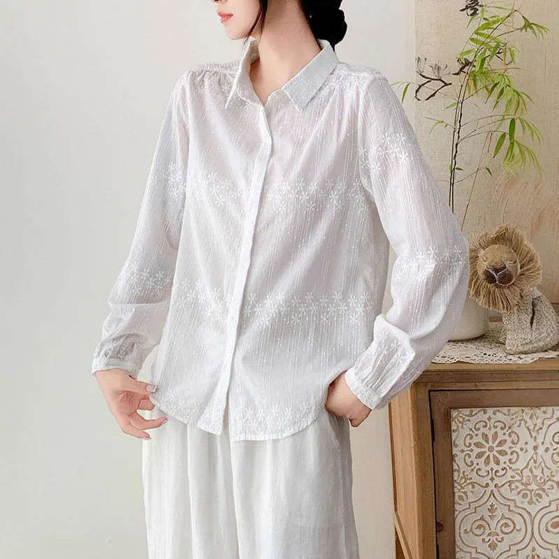 

Autumn 100% Cotton White Shirt Women's High Quality Long Sleeve Embroidery Florals Loose Tops Office Lady Spring Shirt S183-2