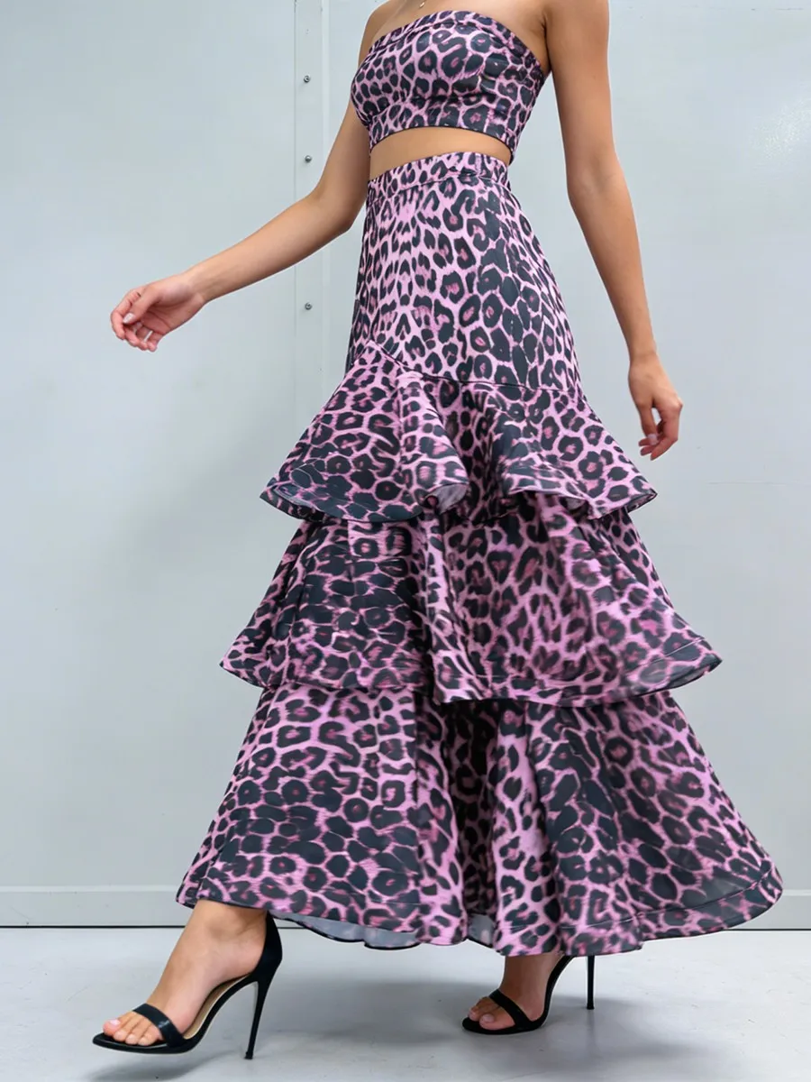 TWOTWINSTYLE ヒョウ柄スリムスプライスフリルファッションスカート女性のためのハイウエストデザインセンスロングスカート女性の秋の服