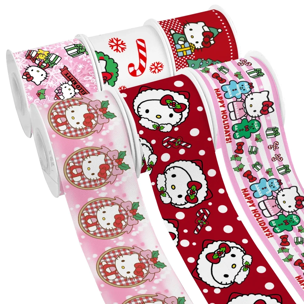 Christmas Cartoon Sanrio Character Pattern Printed Grosgrain Satin Ribbon for Gift Wrapping Hair Bow Craft Accessory 50 Yards