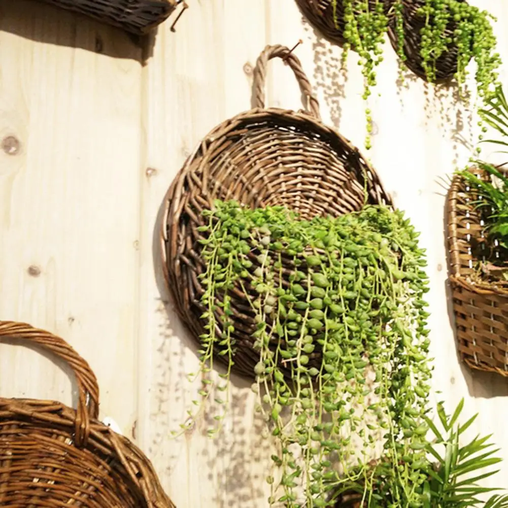 Wicker Rattan Flower Basket Green Vine Pot Planter Hanging Vase  Wall Fence Hanging Pot Plants Holder Garden Wall Plant Basket