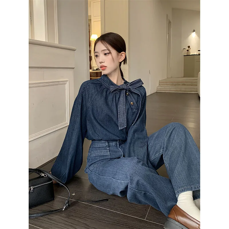 Design Sense Niche Lace-up Bow Crew Neck Denim Shirt Top Korean Version Fashion 2024 Spring Retro Women's Wide-leg Pants Suit