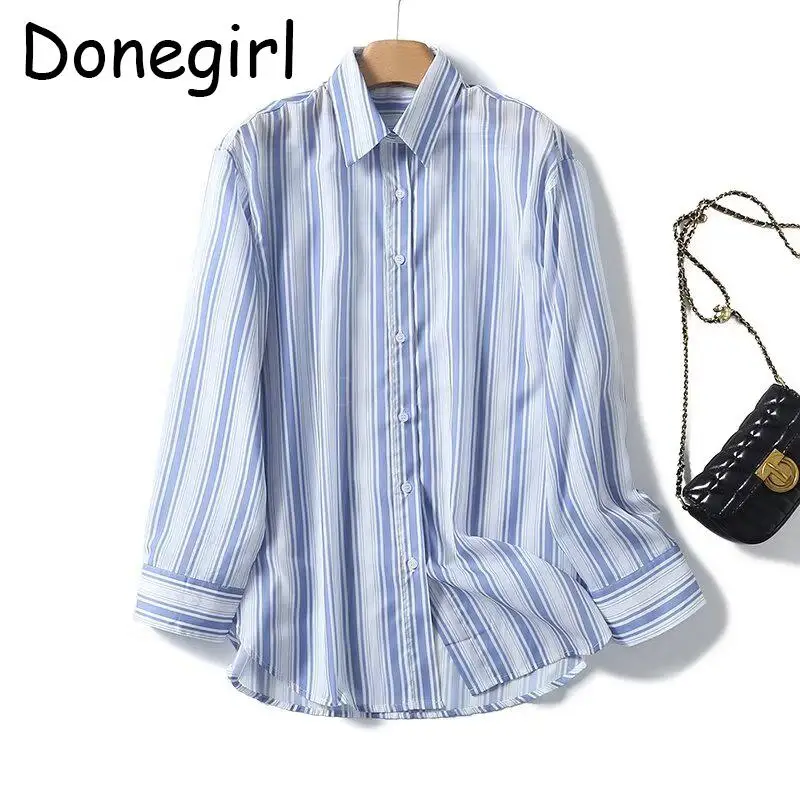 

Donegirl 2024 Spring New Women Lapel Single-breasted Vertical Blue Stripes Shirt Loose Commute Casual Blouses Female Tops Chic